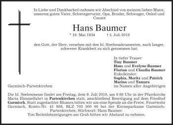 Traueranzeige von Hans Baumer von MERKUR & TZ