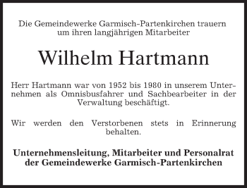 Traueranzeige von Wilhelm Hartmann von merkurtz
