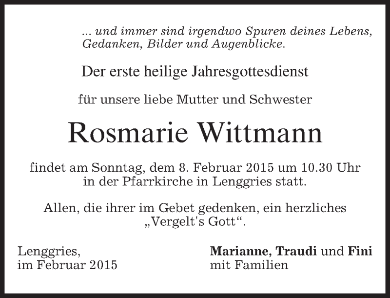  Traueranzeige für Rosmarie Wittmann vom 06.02.2015 aus merkurtz