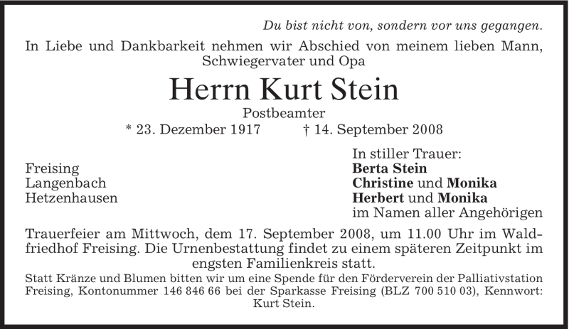  Traueranzeige für Kurt Stein vom 16.09.2008 aus MERKUR & TZ