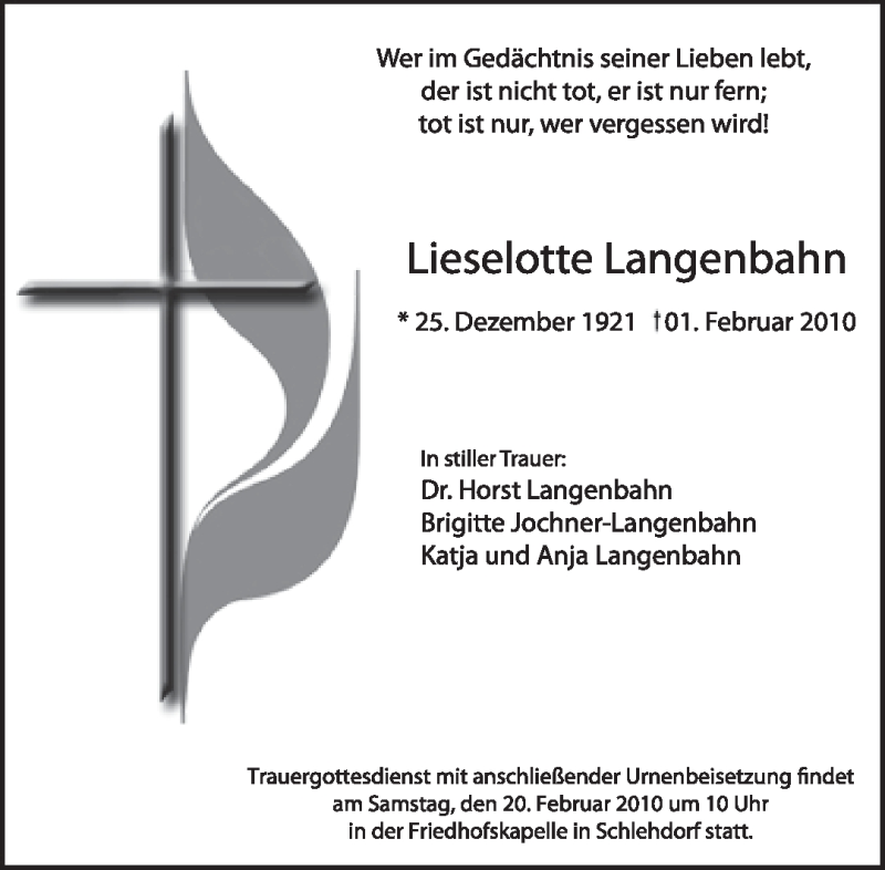  Traueranzeige für Lieselotte Langenbahn vom 06.02.2010 aus MERKUR & TZ