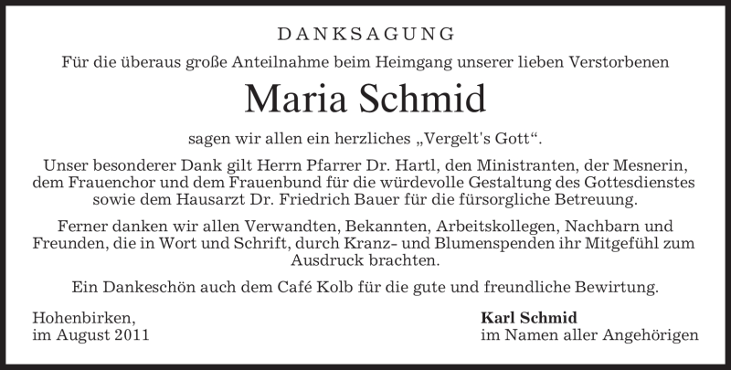  Traueranzeige für Maria Schmid vom 13.08.2011 aus MERKUR & TZ
