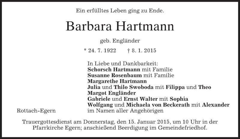  Traueranzeige für Barbara Hartmann vom 10.01.2015 aus merkurtz