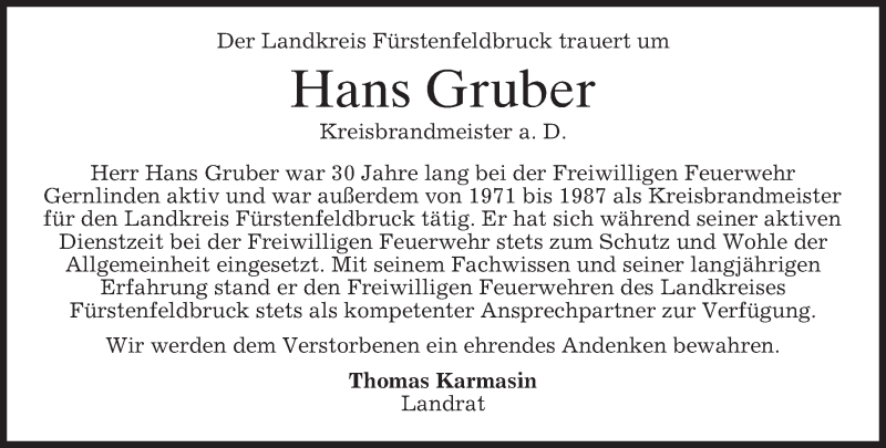  Traueranzeige für Hans Gruber vom 18.03.2015 aus merkurtz