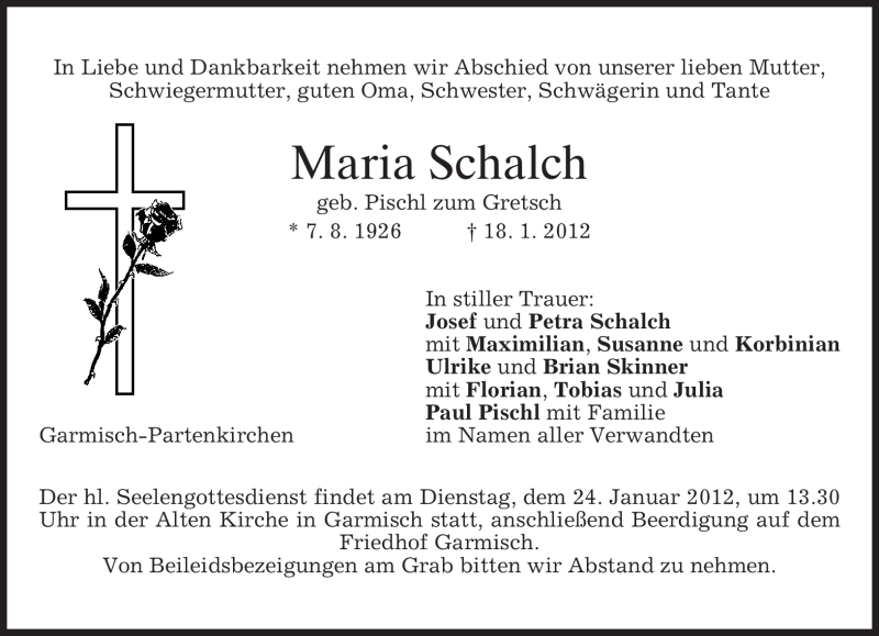  Traueranzeige für Maria Schalch vom 21.01.2012 aus MERKUR & TZ