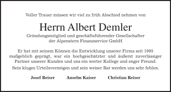 Traueranzeige von Albert Demler von MERKUR & TZ