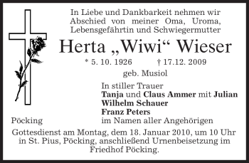 Traueranzeige von Herta Wieser von MERKUR & TZ