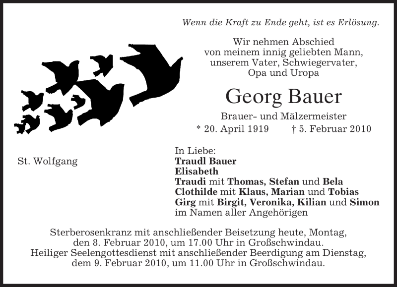  Traueranzeige für Georg Bauer vom 08.02.2010 aus MERKUR & TZ