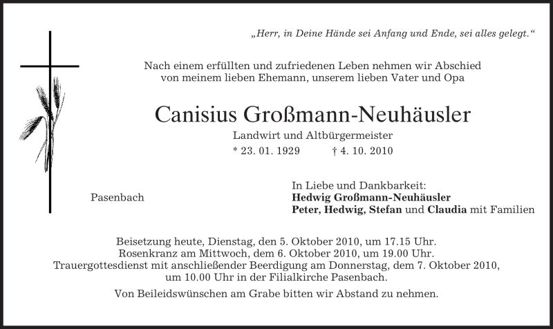  Traueranzeige für Canisius Großmann-Neuhäusler vom 05.10.2010 aus MERKUR & TZ