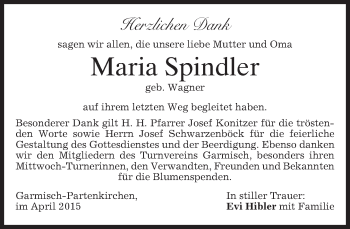Traueranzeige von Maria Spindler von merkurtz