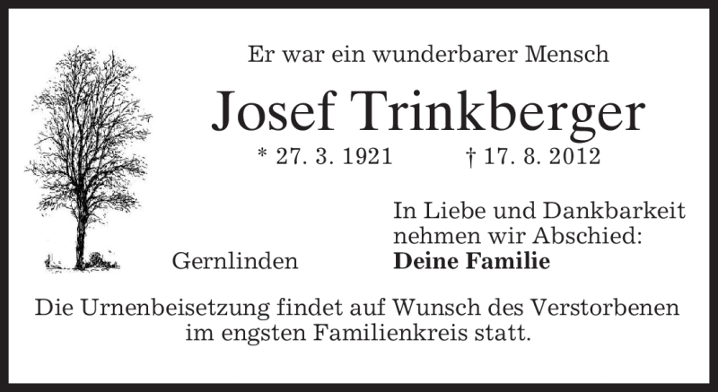  Traueranzeige für Josef Trinkberger vom 21.08.2012 aus MERKUR & TZ