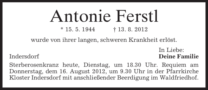  Traueranzeige für Antonie Ferstl vom 14.08.2012 aus MERKUR & TZ