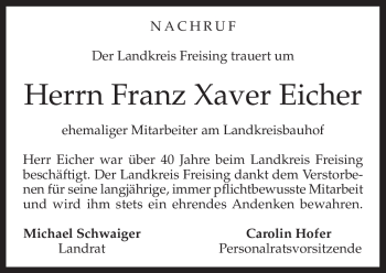 Traueranzeige von Franz Xaver Eicher von MERKUR & TZ