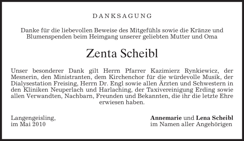  Traueranzeige für Zenta Scheibl vom 01.06.2010 aus MERKUR & TZ