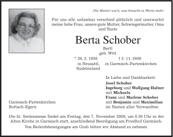 Traueranzeige von Berta Schober von MERKUR & TZ