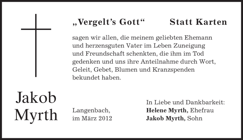  Traueranzeige für Jakob Myrth vom 31.03.2012 aus MERKUR & TZ