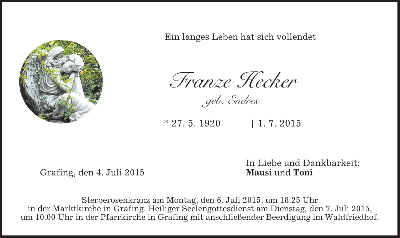  Traueranzeige für Franze Hecker vom 04.07.2015 aus merkurtz