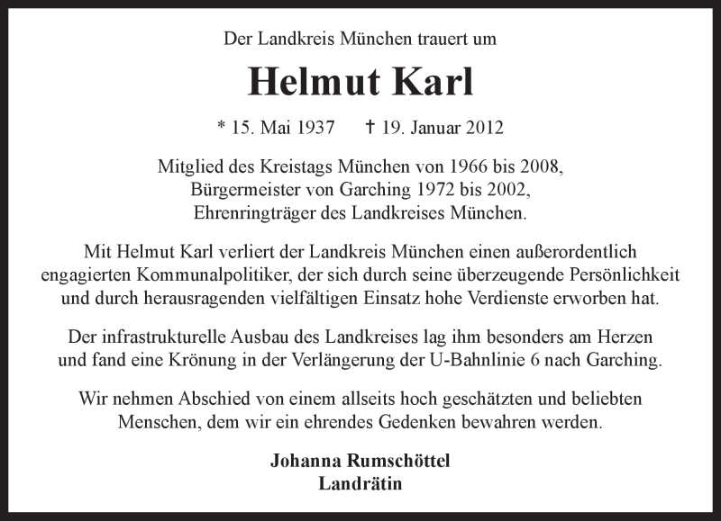  Traueranzeige für Helmut Karl vom 24.01.2012 aus MERKUR & TZ