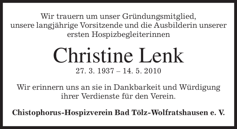  Traueranzeige für Christine Lenk vom 15.05.2010 aus MERKUR & TZ