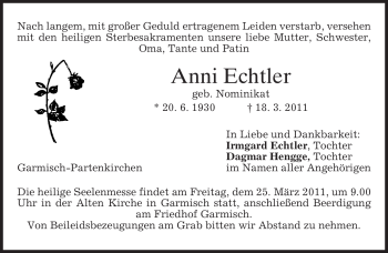 Traueranzeige von Anni Echtler von MERKUR & TZ