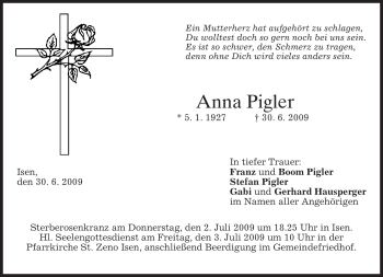 Traueranzeige von Anna Pigler von MERKUR & TZ