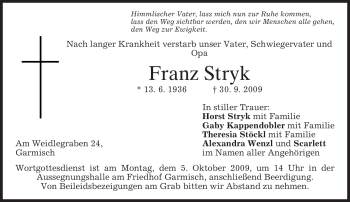 Traueranzeige von Franz Stryk von MERKUR & TZ
