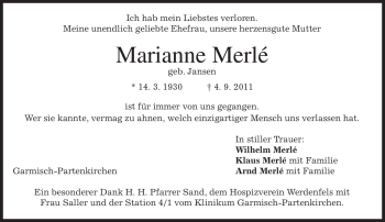 Traueranzeige von Marianne Merlé von MERKUR & TZ