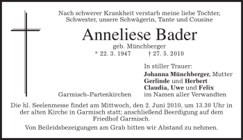 Traueranzeige von Anneliese Bader von MERKUR & TZ