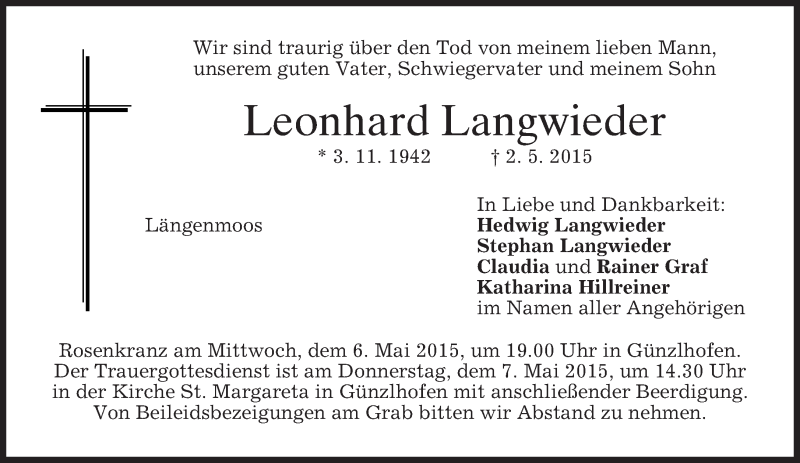  Traueranzeige für Leonhard Langwieder vom 05.05.2015 aus merkurtz