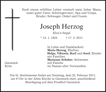 Traueranzeige von Joseph Herzog von MERKUR & TZ