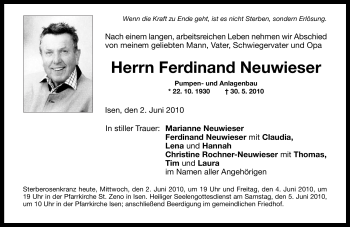 Traueranzeige von Ferdinand Neuwieser von MERKUR & TZ