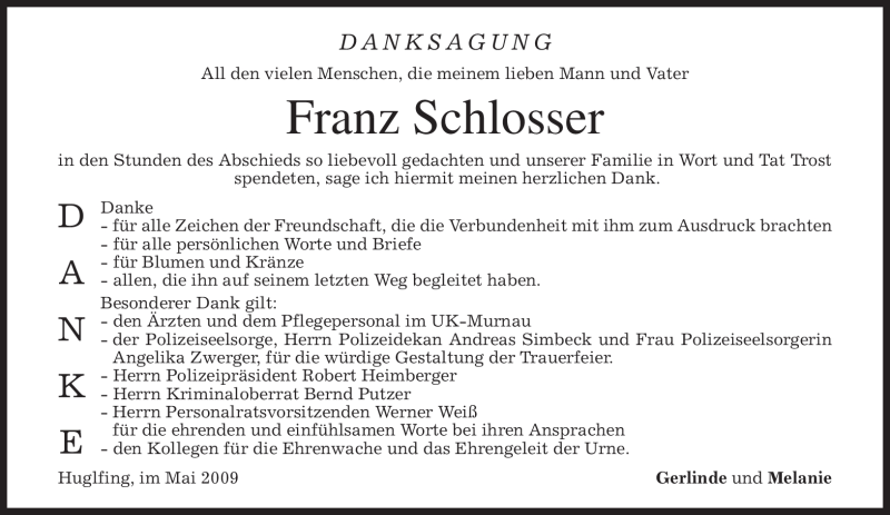  Traueranzeige für Franz Schlosser vom 30.05.2009 aus MERKUR & TZ