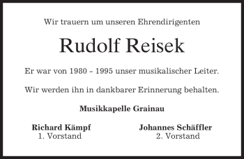 Traueranzeige von Rudolf Reisek von MERKUR & TZ