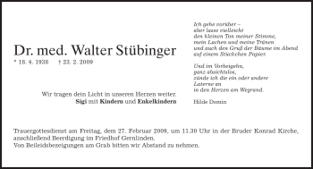 Traueranzeige von Walter Stübinger von MERKUR & TZ
