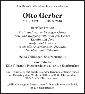 Traueranzeige von Otto Gerber von MERKUR & TZ