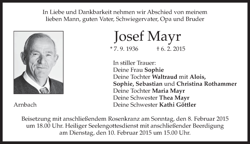  Traueranzeige für Josef Mayr vom 07.02.2015 aus merkurtz