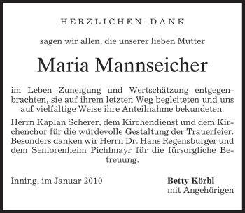Traueranzeige von Maria Mannseicher von MERKUR & TZ