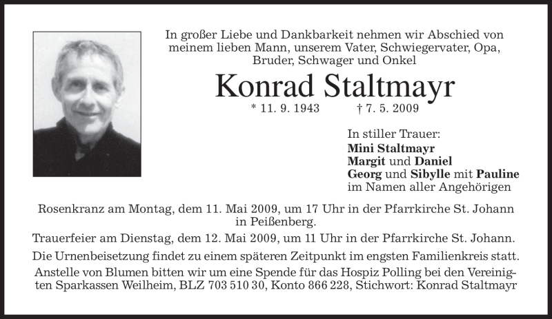  Traueranzeige für Konrad Staltmayr vom 09.05.2009 aus MERKUR & TZ