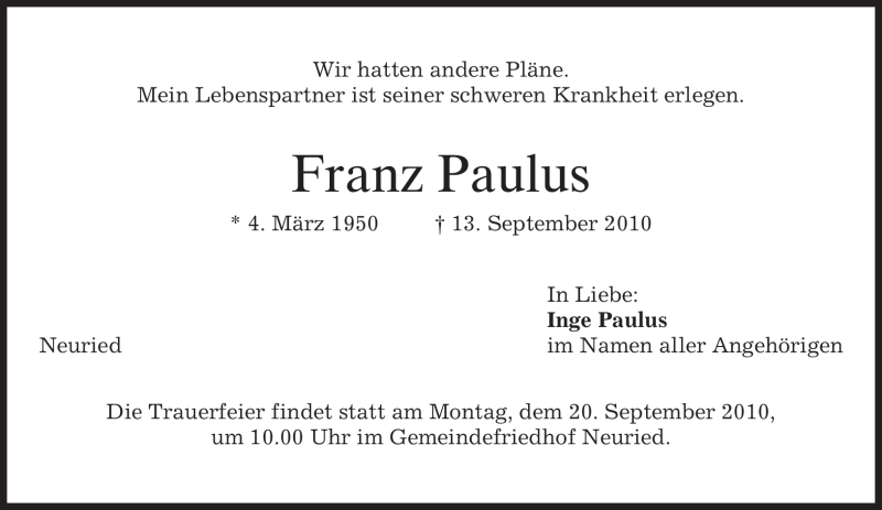  Traueranzeige für Franz Paulus vom 18.09.2010 aus MERKUR & TZ