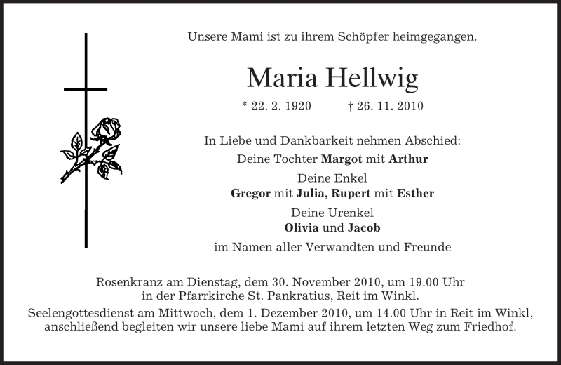  Traueranzeige für Maria Hellwig vom 29.11.2010 aus MERKUR & TZ