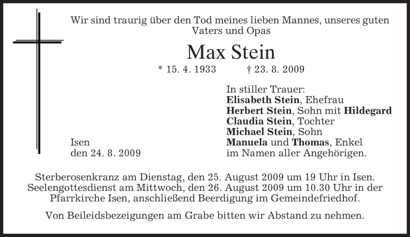  Traueranzeige für Max Stein vom 25.08.2009 aus MERKUR & TZ