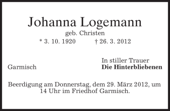 Traueranzeige von Johanna Logemann von MERKUR & TZ