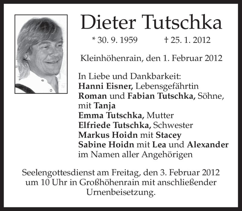  Traueranzeige für Dieter Tutschka vom 01.02.2012 aus MERKUR & TZ