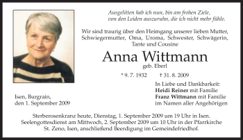 Traueranzeige von Anna Wittmann von MERKUR & TZ