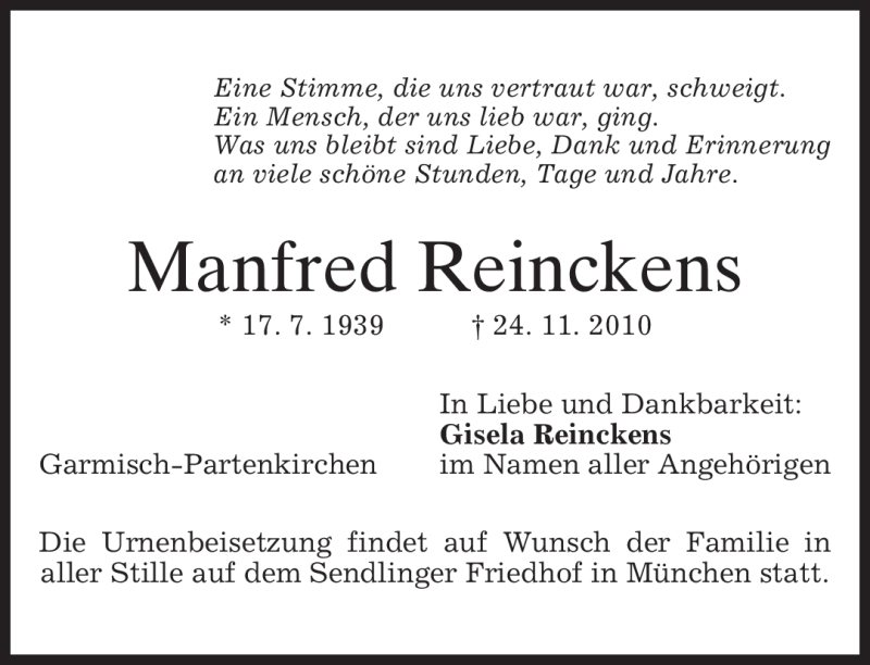  Traueranzeige für Manfred Reinckens vom 27.11.2010 aus MERKUR & TZ