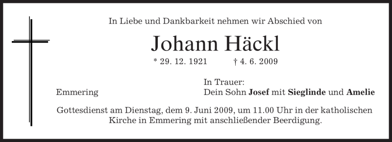  Traueranzeige für Johann Häckl vom 06.06.2009 aus MERKUR & TZ
