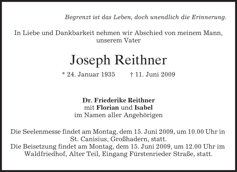  Traueranzeige für Joseph Reithner vom 13.06.2009 aus MERKUR & TZ