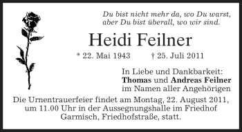 Traueranzeige von Heidi Feilner von MERKUR & TZ
