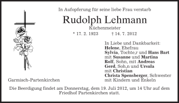 Traueranzeige von Rudolph Lehmann von MERKUR & TZ