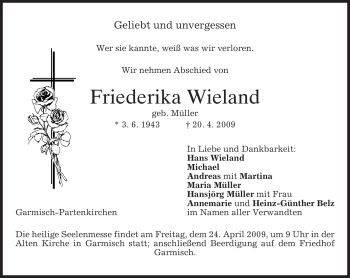 Traueranzeige von Friederika Wieland von MERKUR & TZ